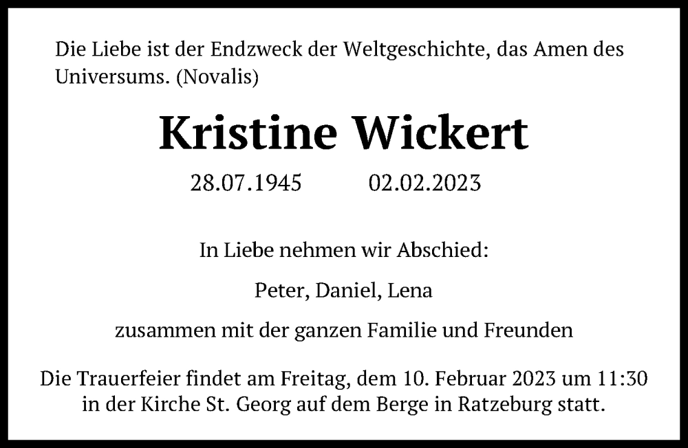  Traueranzeige für Kristine Wickert vom 05.02.2023 aus Lübecker Nachrichten
