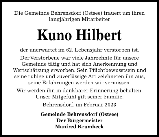 Traueranzeige von Kuno Hilbert von Kieler Nachrichten