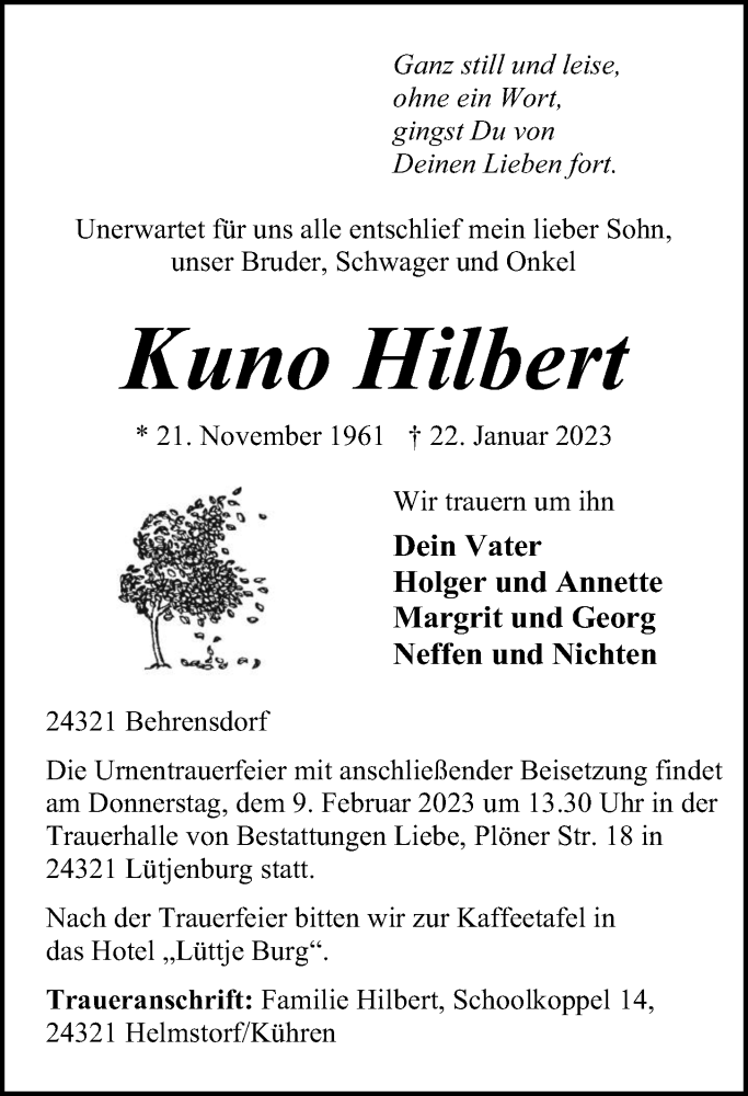  Traueranzeige für Kuno Hilbert vom 04.02.2023 aus Kieler Nachrichten