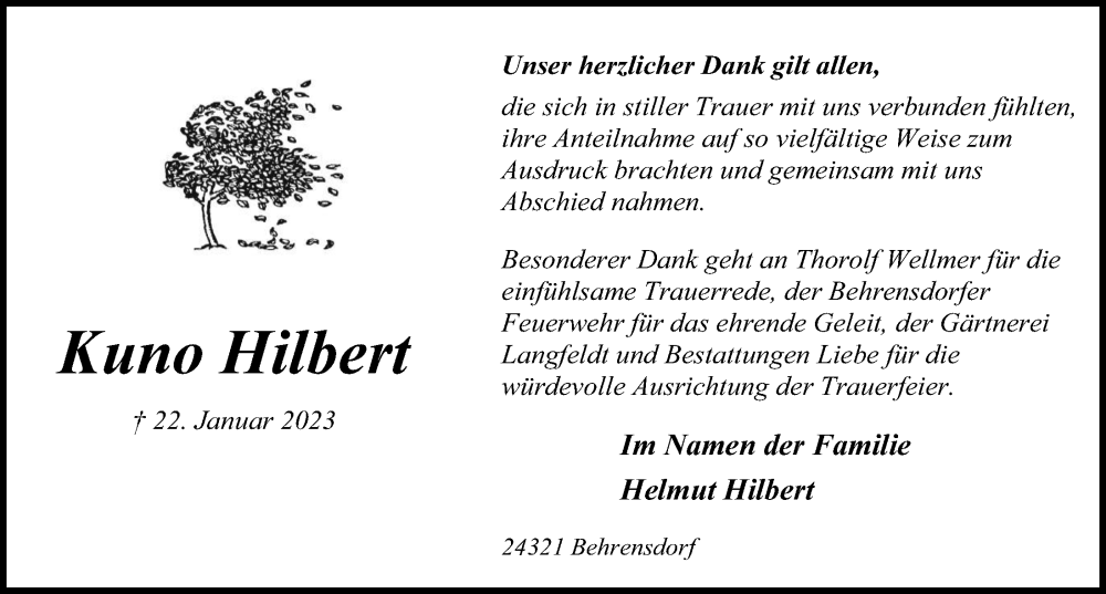  Traueranzeige für Kuno Hilbert vom 25.02.2023 aus Kieler Nachrichten