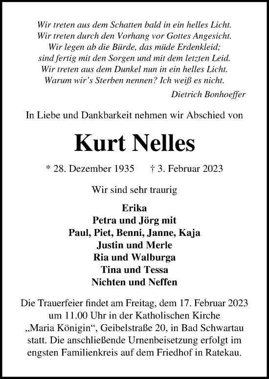 Traueranzeige von Kurt Nelles von Lübecker Nachrichten
