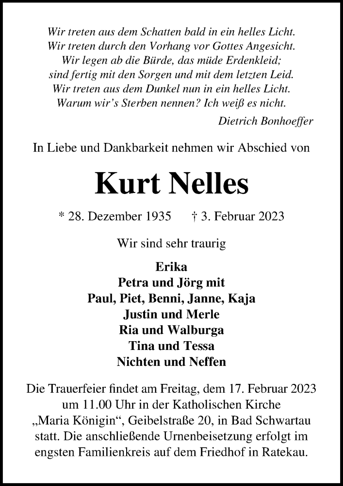  Traueranzeige für Kurt Nelles vom 12.02.2023 aus Lübecker Nachrichten