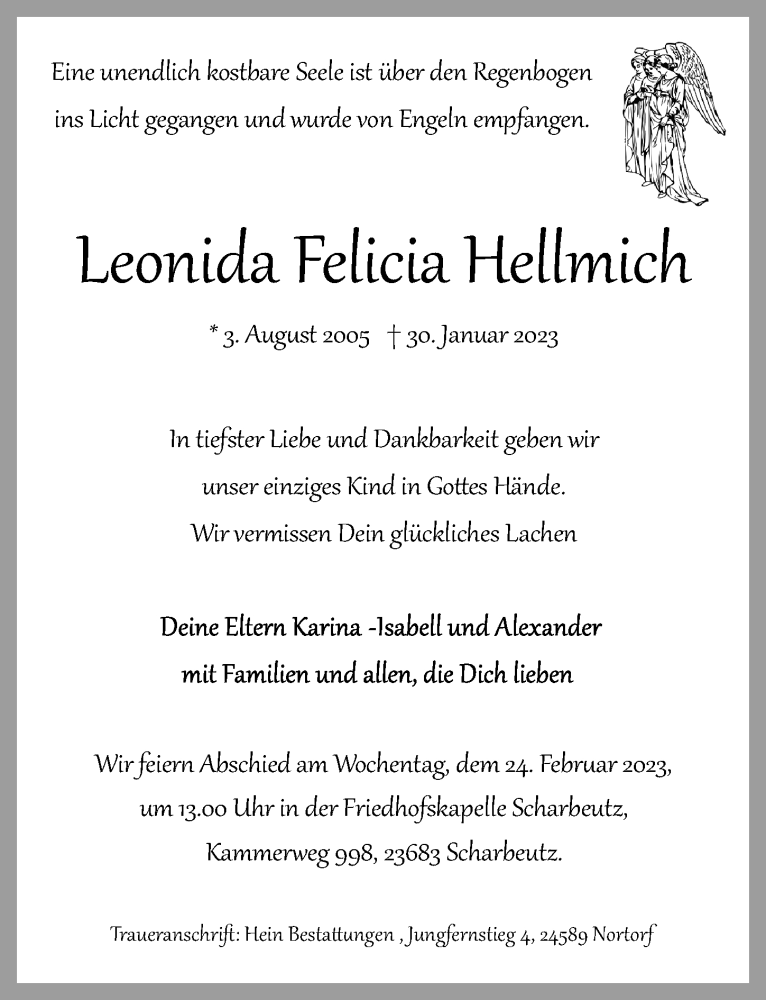  Traueranzeige für Leonida Felicia Hellmich vom 18.02.2023 aus Lübecker Nachrichten