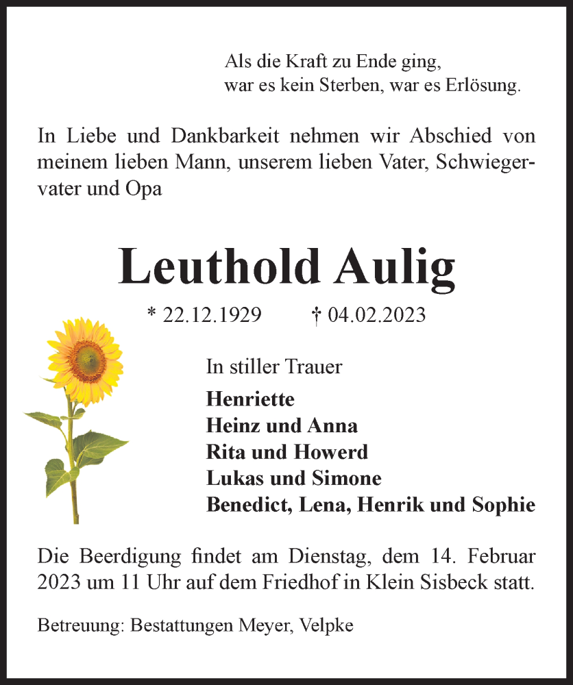  Traueranzeige für Leuthold Aulig vom 09.02.2023 aus Aller Zeitung