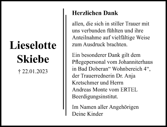 Traueranzeige von Lieselotte Skiebe von Ostsee-Zeitung GmbH