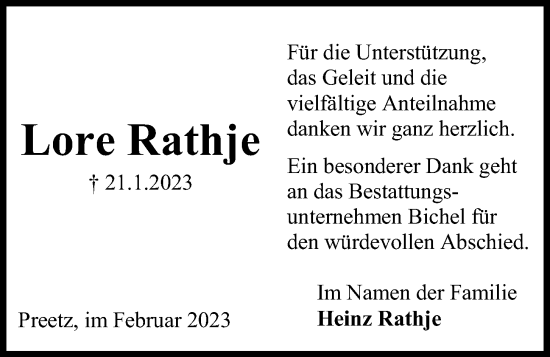 Traueranzeige von Lore Rathje von Kieler Nachrichten