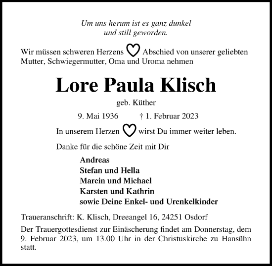 Traueranzeige von Lore Paula Klisch von Lübecker Nachrichten