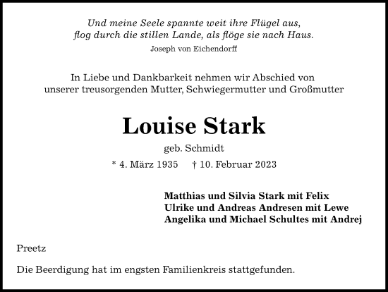 Traueranzeige von Louise Stark von Kieler Nachrichten