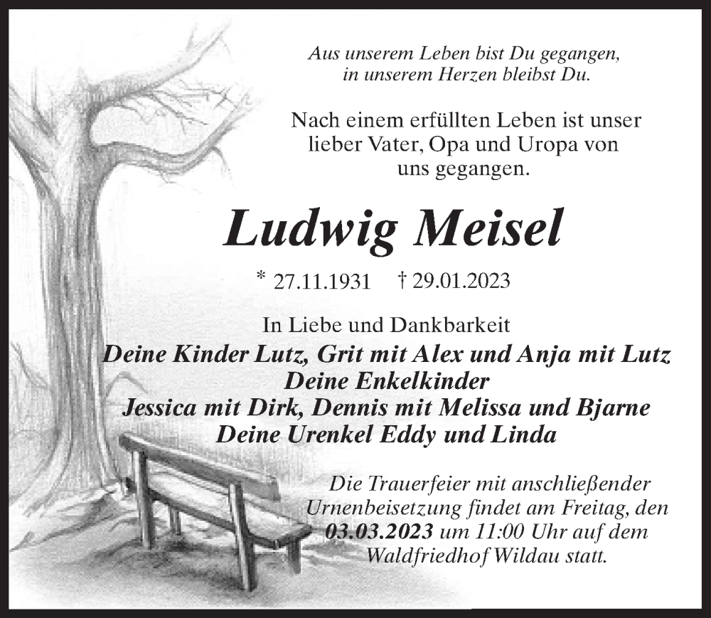  Traueranzeige für Ludwig Meisel vom 25.02.2023 aus Märkischen Allgemeine Zeitung