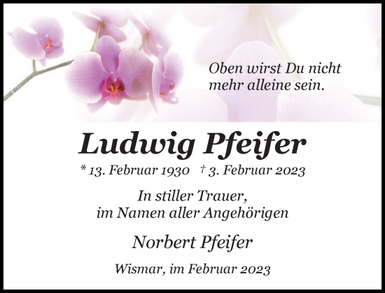 Traueranzeige von Ludwig Pfeifer von Ostsee-Zeitung GmbH