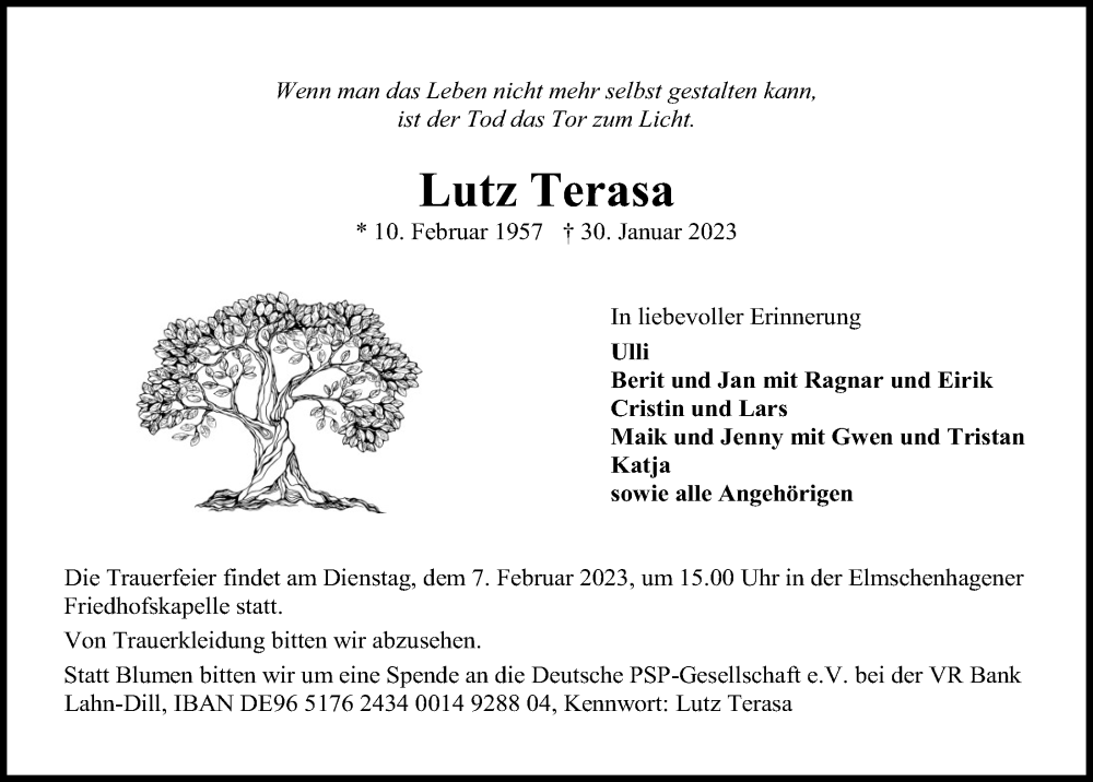  Traueranzeige für Lutz Terasa vom 04.02.2023 aus Kieler Nachrichten