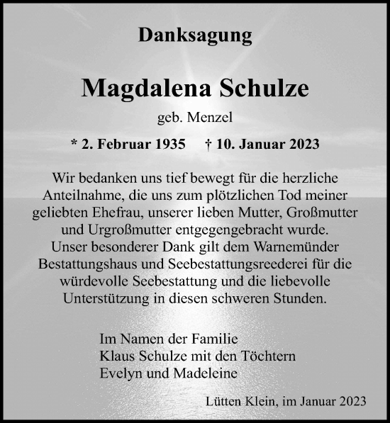 Traueranzeige von Magdalena Schulze von Ostsee-Zeitung GmbH