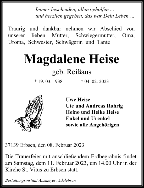 Traueranzeige von Magdalene Heise von Göttinger Tageblatt
