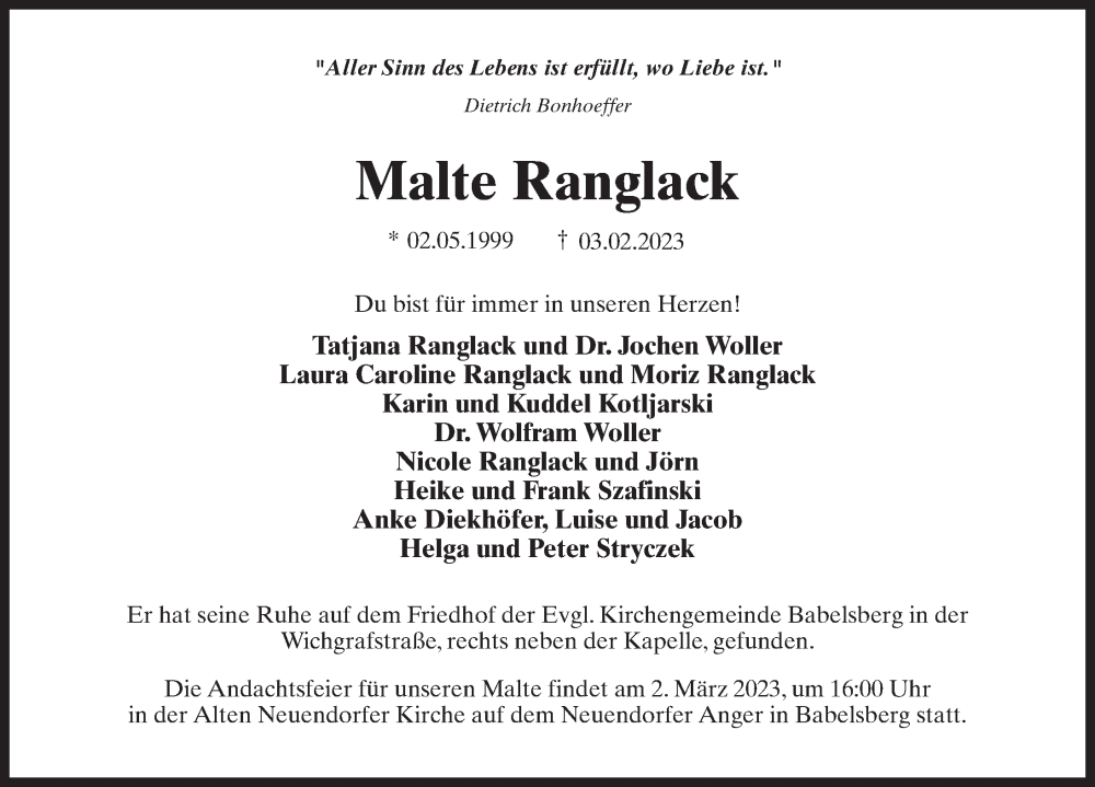  Traueranzeige für Malte Ranglack vom 25.02.2023 aus Märkischen Allgemeine Zeitung