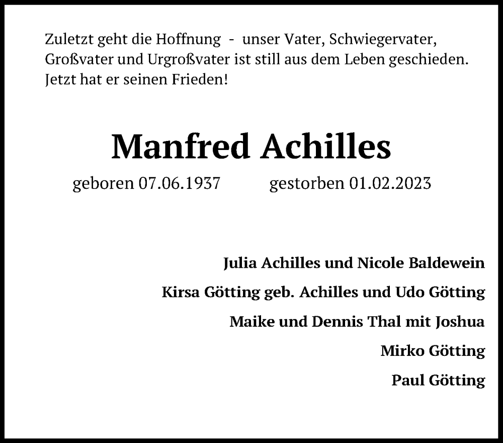  Traueranzeige für Manfred Achilles vom 18.02.2023 aus Hannoversche Allgemeine Zeitung/Neue Presse