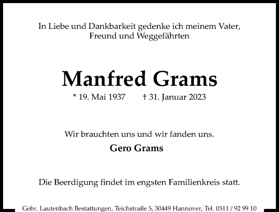 Traueranzeige von Manfred Grams von Hannoversche Allgemeine Zeitung/Neue Presse