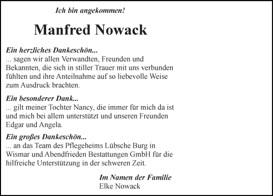 Traueranzeige von Manfred Nowack von Ostsee-Zeitung GmbH
