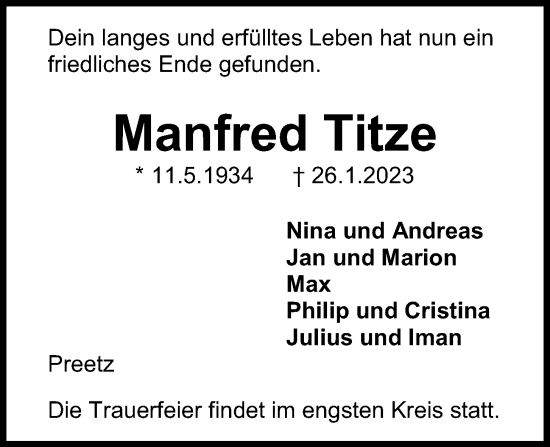 Traueranzeige von Manfred Titze von Kieler Nachrichten