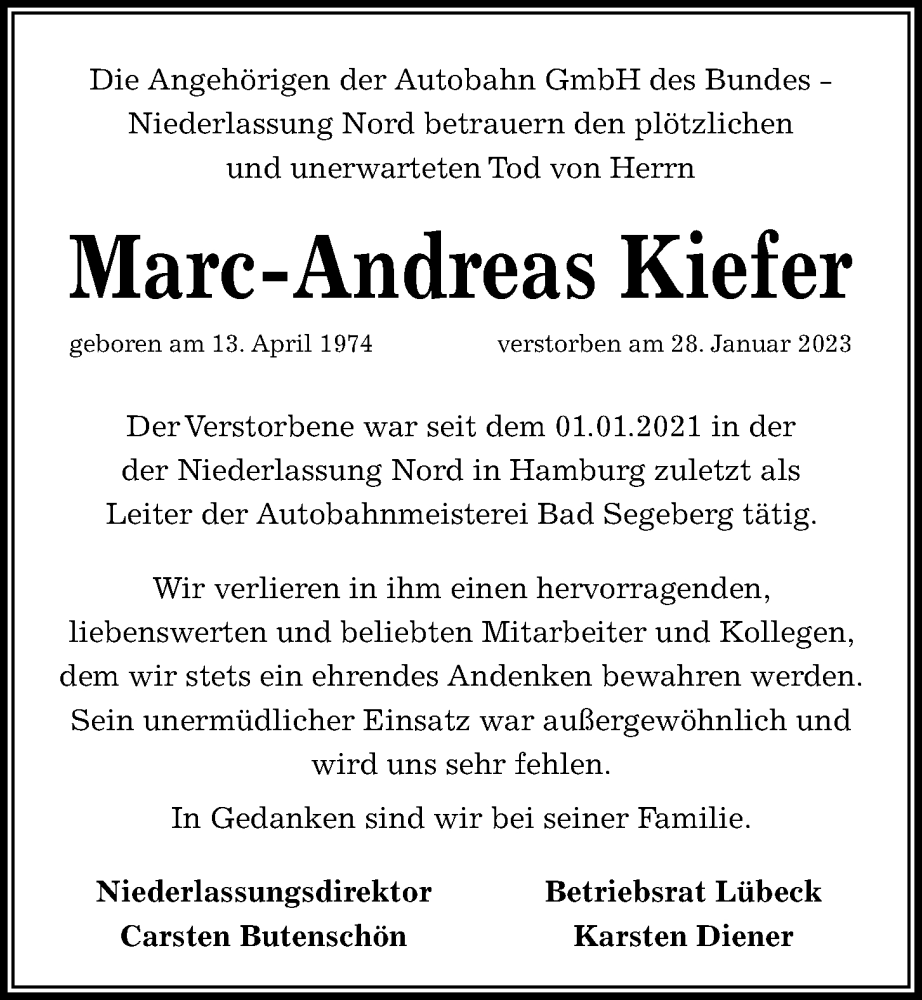  Traueranzeige für Marc-Andreas Kiefer vom 04.02.2023 aus Kieler Nachrichten