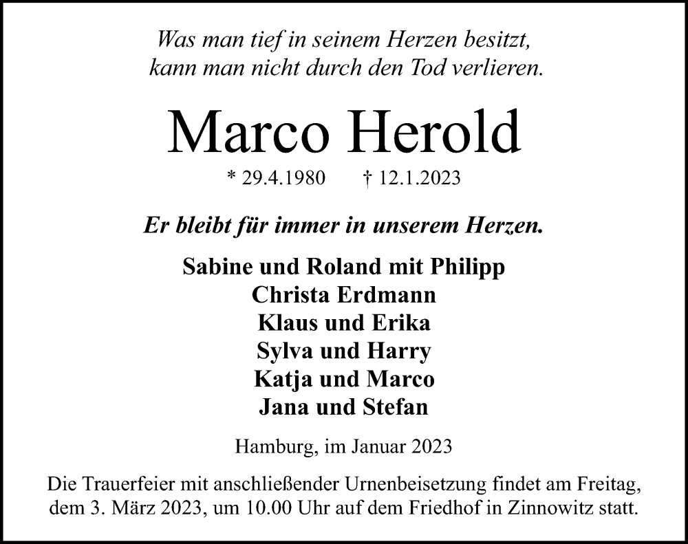  Traueranzeige für Marco Herold vom 18.02.2023 aus Ostsee-Zeitung GmbH