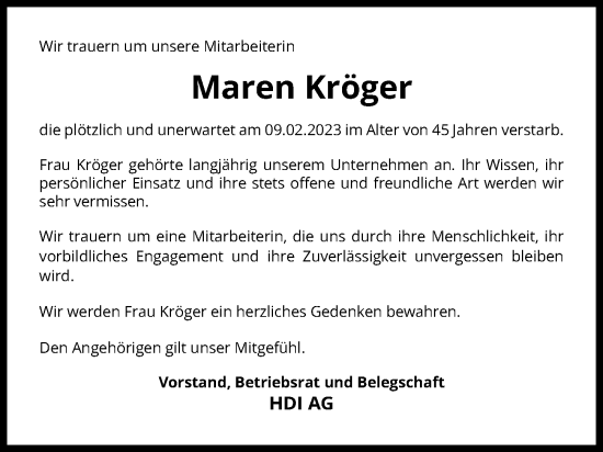 Traueranzeige von Maren Kröger von Hannoversche Allgemeine Zeitung/Neue Presse