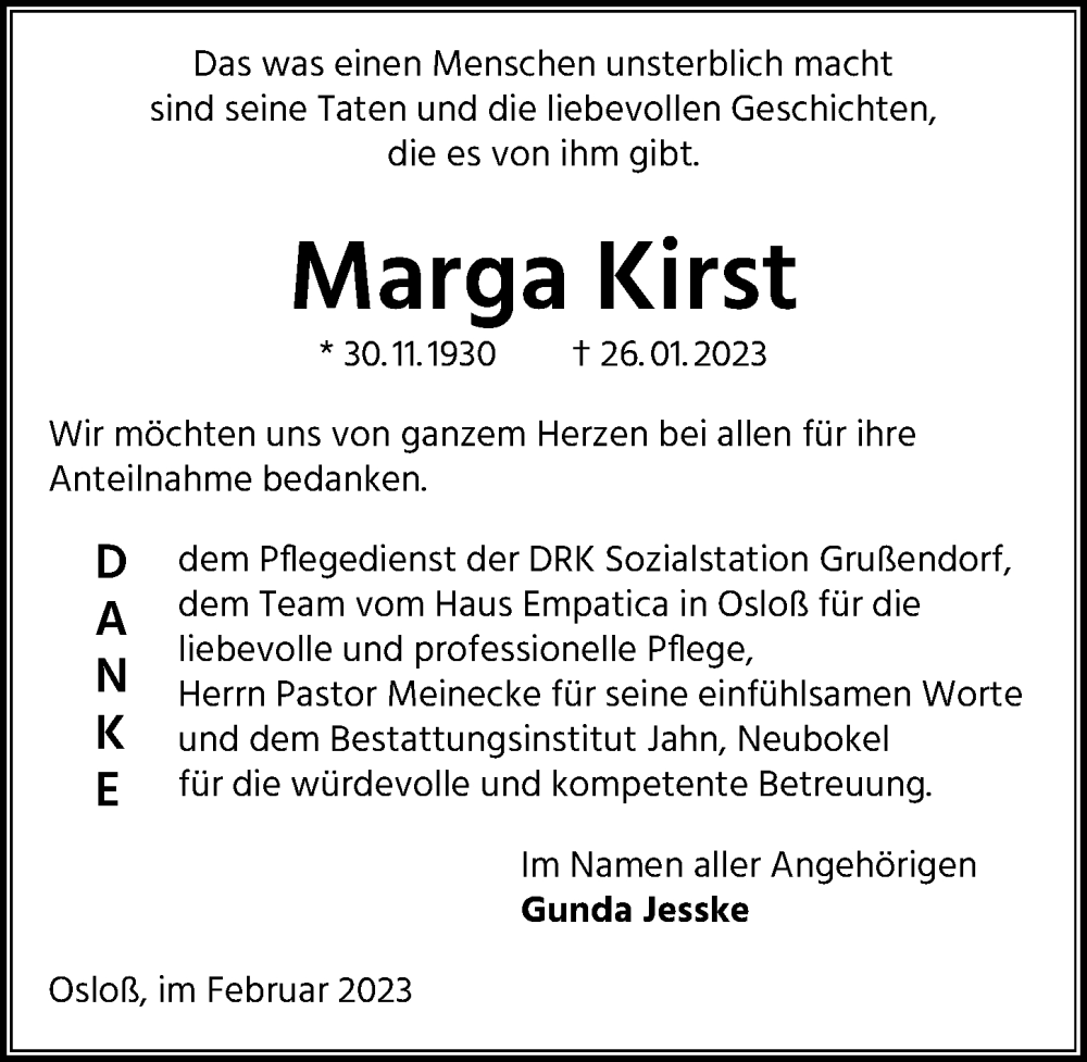  Traueranzeige für Marga Kirst vom 25.02.2023 aus Aller Zeitung