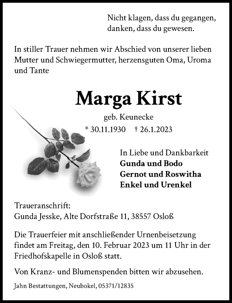  Traueranzeige für Marga Kirst vom 03.02.2023 aus Aller Zeitung