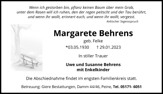 Traueranzeige von Margarete Behrens von Peiner Allgemeine Zeitung