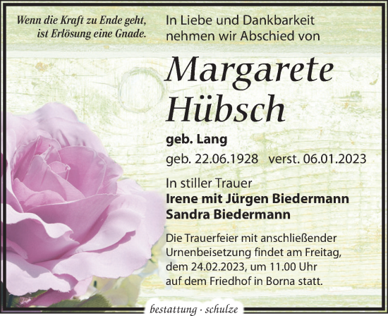 Traueranzeige von Margarete Hübsch von Leipziger Volkszeitung