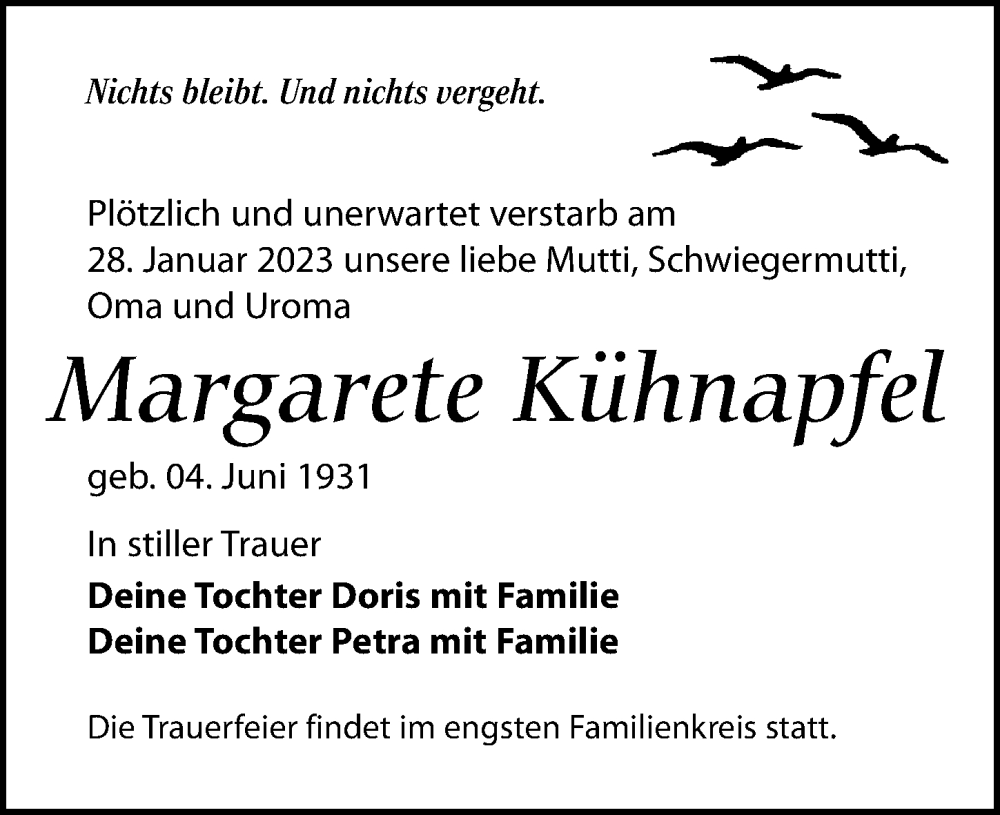  Traueranzeige für Margarete Kühnapfel vom 04.02.2023 aus Leipziger Volkszeitung