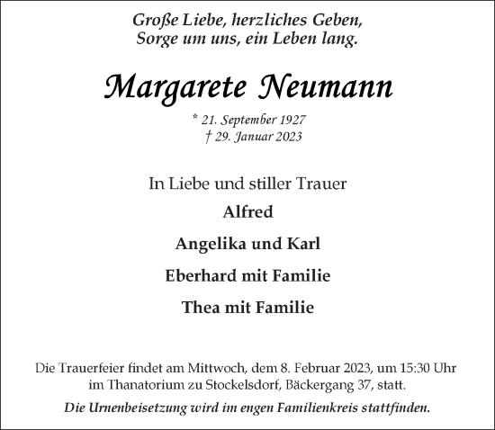 Traueranzeige von Margarete Neumann von Lübecker Nachrichten