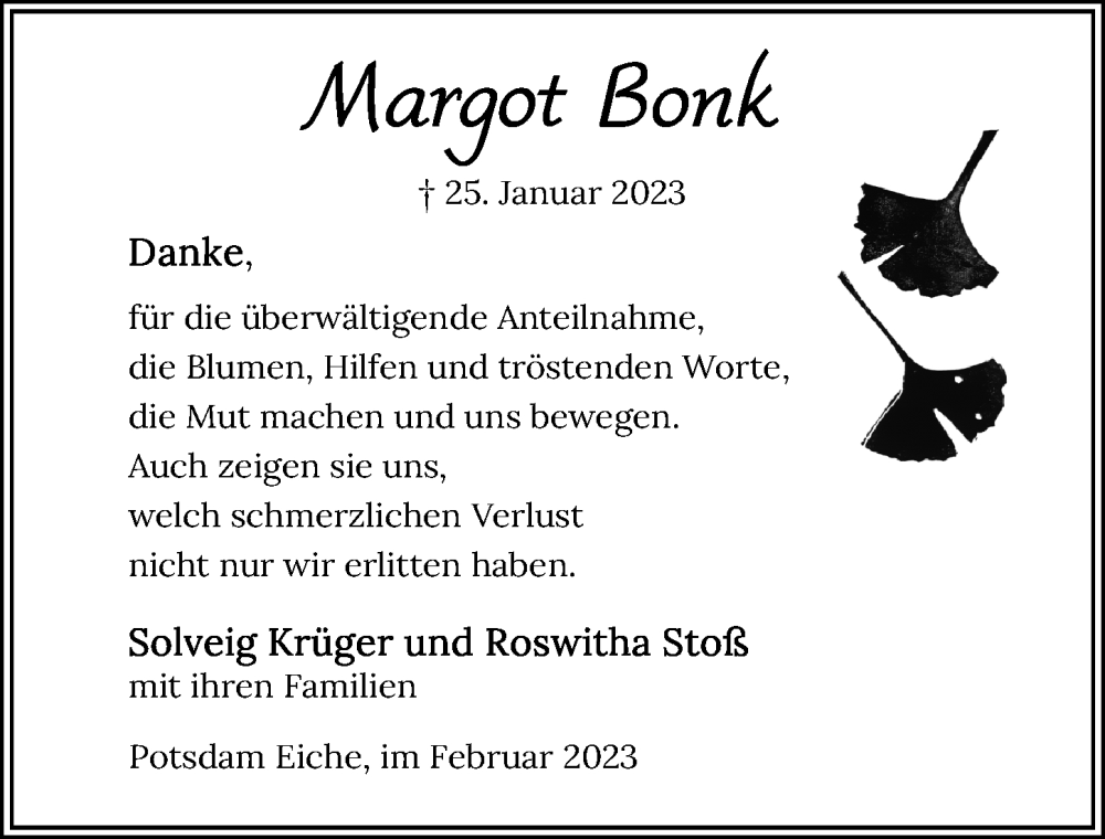 Traueranzeige für Margot Bonk vom 18.02.2023 aus Märkischen Allgemeine Zeitung