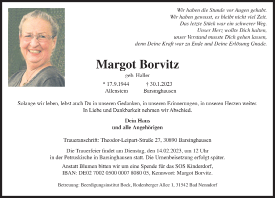 Traueranzeige von Margot Borvitz von Hannoversche Allgemeine Zeitung/Neue Presse