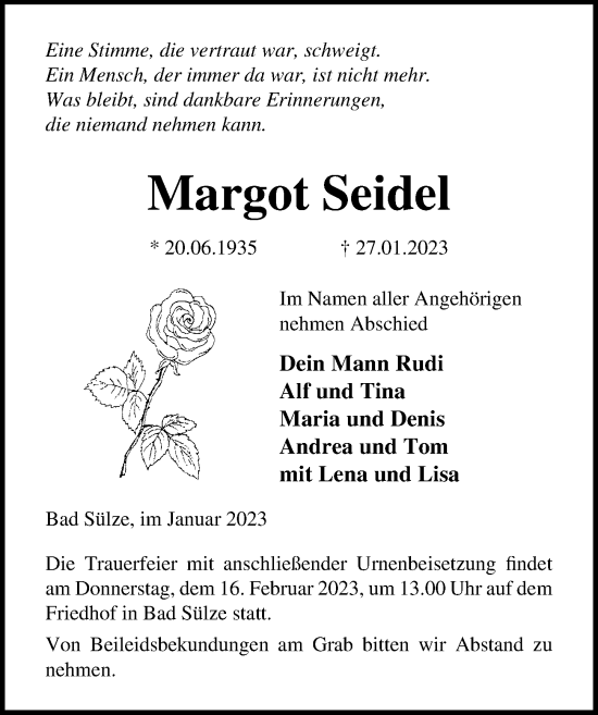 Traueranzeige von Margot Seidel von Ostsee-Zeitung GmbH