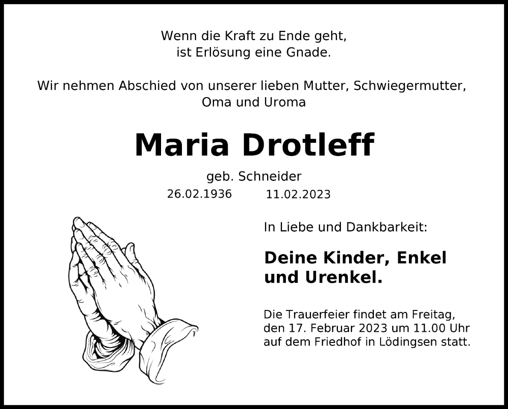  Traueranzeige für Maria Drotleff vom 14.02.2023 aus Göttinger Tageblatt