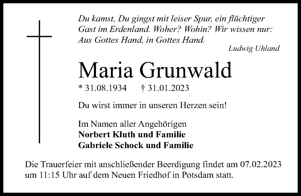  Traueranzeige für Maria Grunwald vom 04.02.2023 aus Märkischen Allgemeine Zeitung