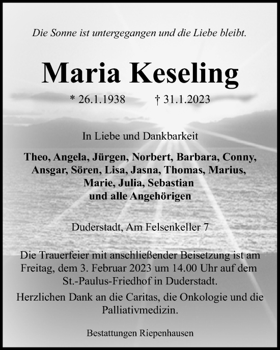 Traueranzeige von Maria Keseling von Eichsfelder Tageblatt
