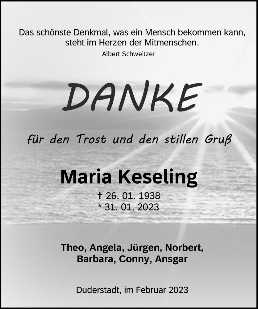  Traueranzeige für Maria Keseling vom 18.02.2023 aus Eichsfelder Tageblatt