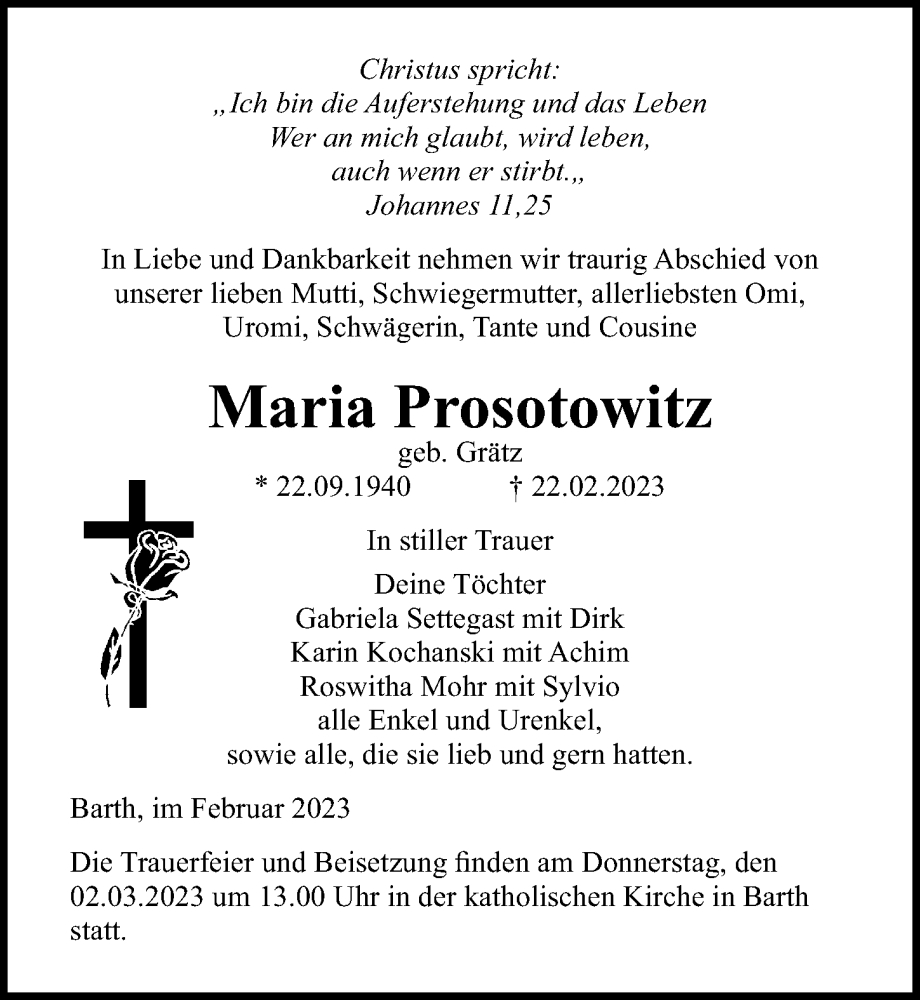  Traueranzeige für Maria Prosotowitz vom 28.02.2023 aus Ostsee-Zeitung GmbH