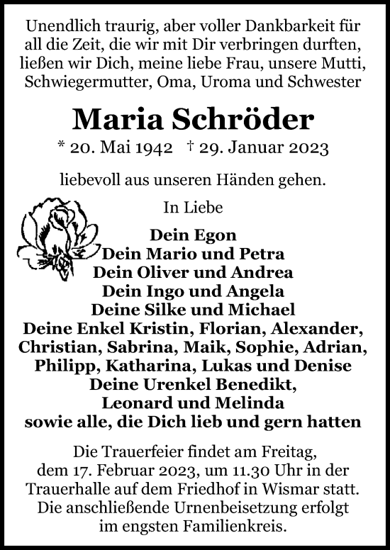 Traueranzeige von Maria Schröder von Ostsee-Zeitung GmbH