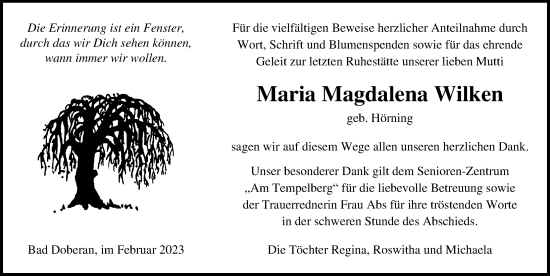 Traueranzeige von Maria Magdalena Wilken von Ostsee-Zeitung GmbH