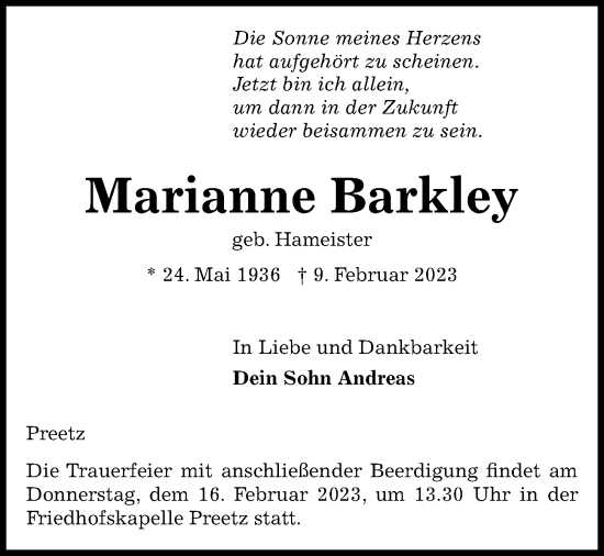 Traueranzeige von Marianne Barkley von Kieler Nachrichten