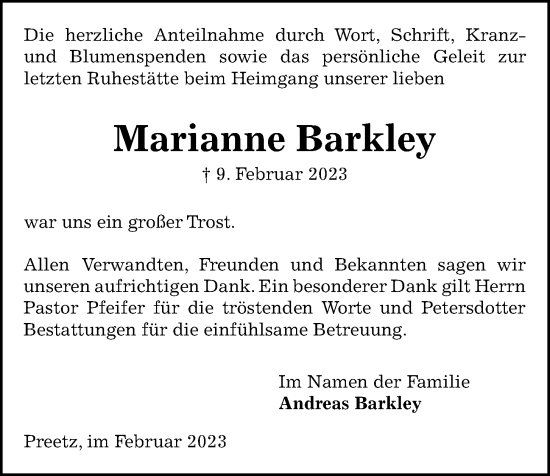 Traueranzeige von Marianne Barkley von Kieler Nachrichten