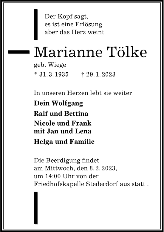 Traueranzeige von Marianne Tölke von Peiner Allgemeine Zeitung