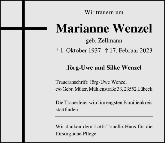 Traueranzeige von Marianne Wenzel von Lübecker Nachrichten