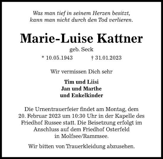 Traueranzeige von Marie-Luise Kattner von Kieler Nachrichten