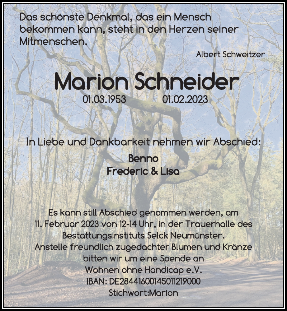  Traueranzeige für Marion Schneider vom 07.02.2023 aus Kieler Nachrichten