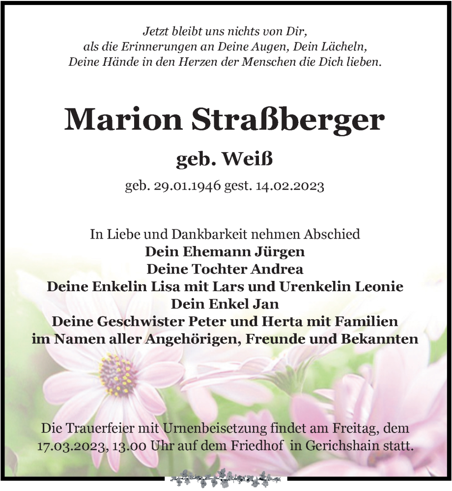  Traueranzeige für Marion Straßberger vom 18.02.2023 aus Leipziger Volkszeitung