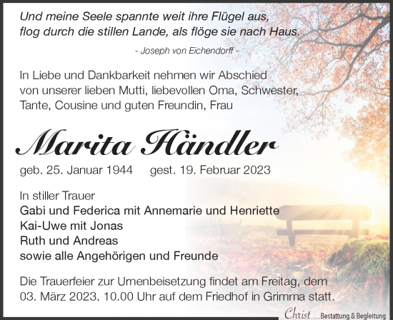 Traueranzeige von Marita Händler von Leipziger Volkszeitung