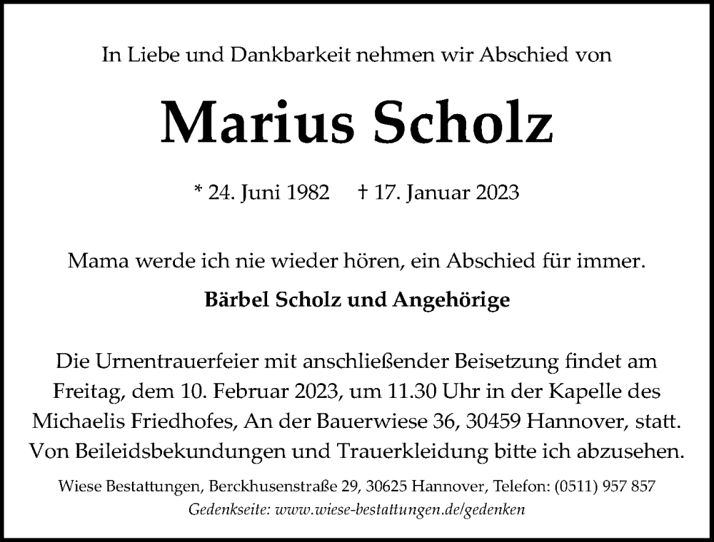  Traueranzeige für Marius Scholz vom 04.02.2023 aus Hannoversche Allgemeine Zeitung/Neue Presse
